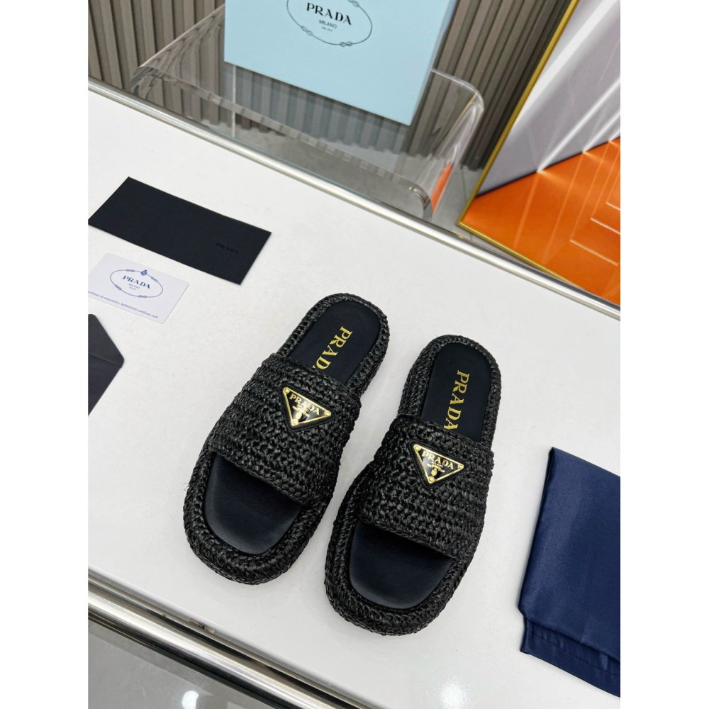 Cheap Reps Prada Crochet Flatform Slides in Black Raffia-effect Yarn