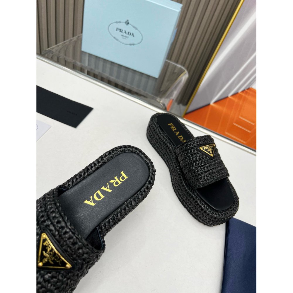 Cheap Reps Prada Crochet Flatform Slides in Black Raffia-effect Yarn