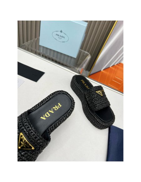 Cheap Reps Prada Crochet Flatform Slides in Black Raffia-effect Yarn