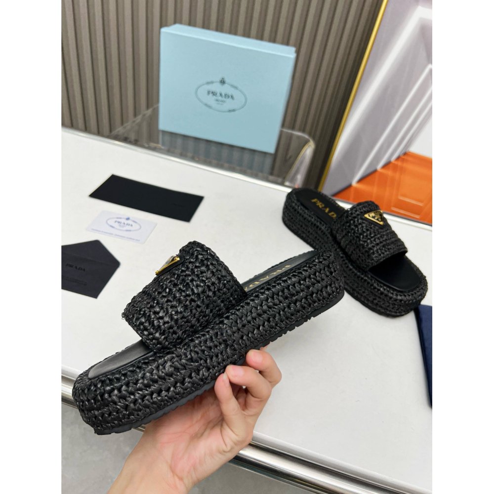 Cheap Reps Prada Crochet Flatform Slides in Black Raffia-effect Yarn