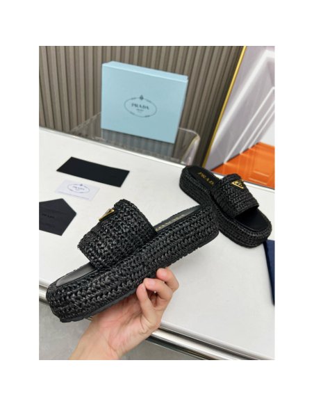 Cheap Reps Prada Crochet Flatform Slides in Black Raffia-effect Yarn