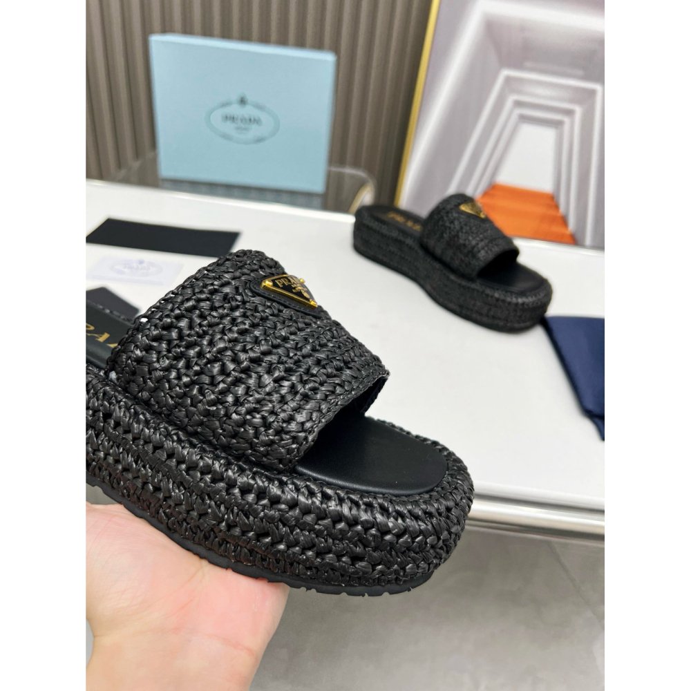 Cheap Reps Prada Crochet Flatform Slides in Black Raffia-effect Yarn