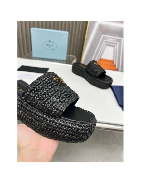 Cheap Reps Prada Crochet Flatform Slides in Black Raffia-effect Yarn