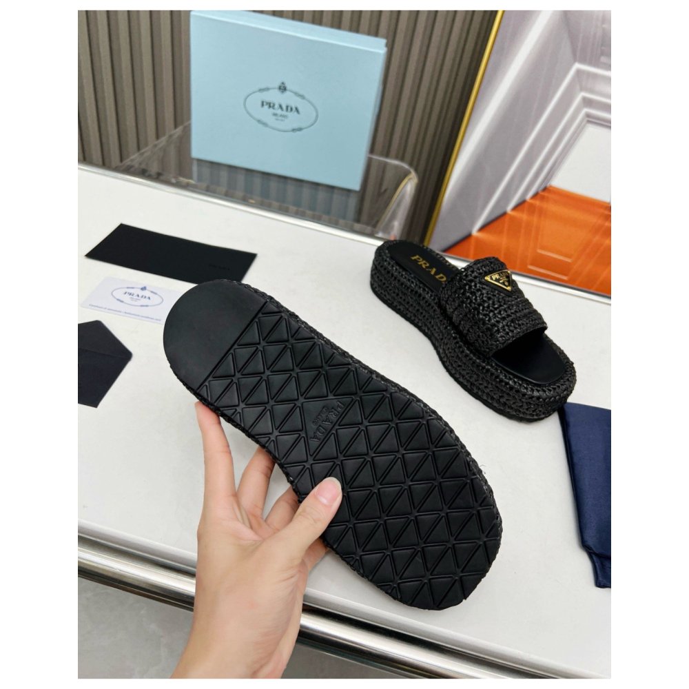 Cheap Reps Prada Crochet Flatform Slides in Black Raffia-effect Yarn