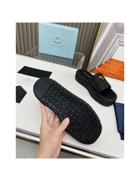 Cheap Reps Prada Crochet Flatform Slides in Black Raffia-effect Yarn
