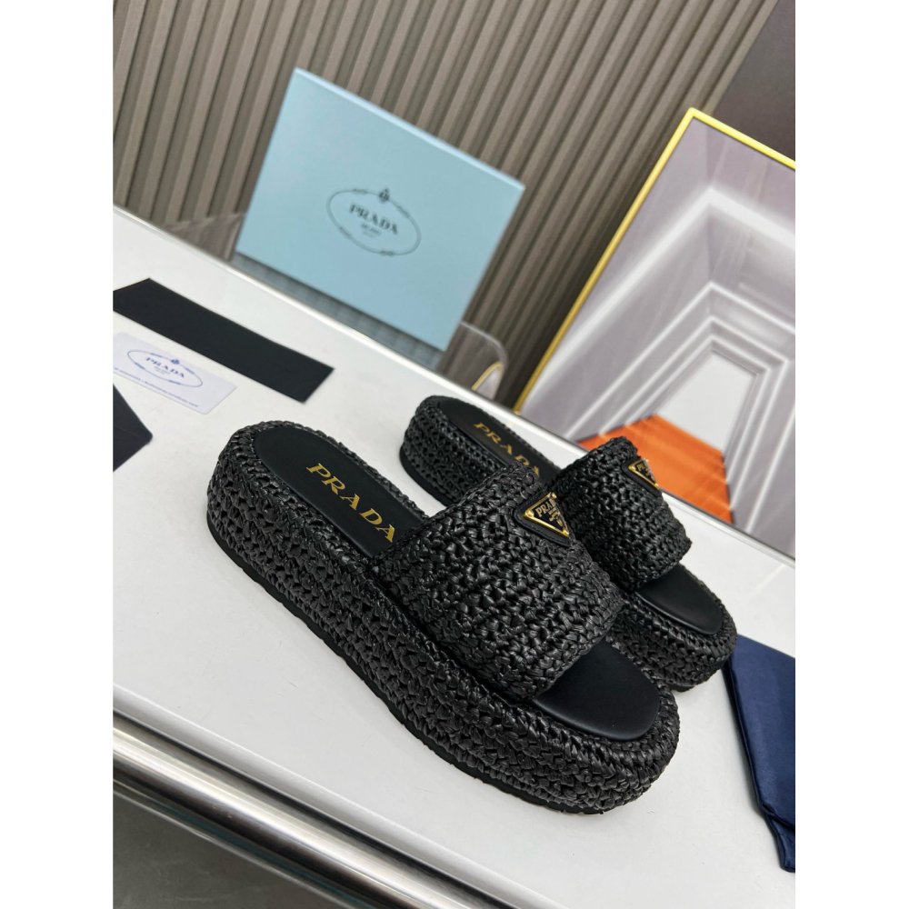 Cheap Reps Prada Crochet Flatform Slides in Black Raffia-effect Yarn