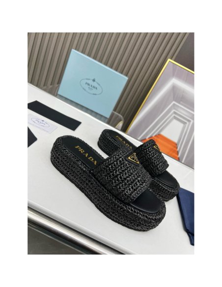 Cheap Reps Prada Crochet Flatform Slides in Black Raffia-effect Yarn