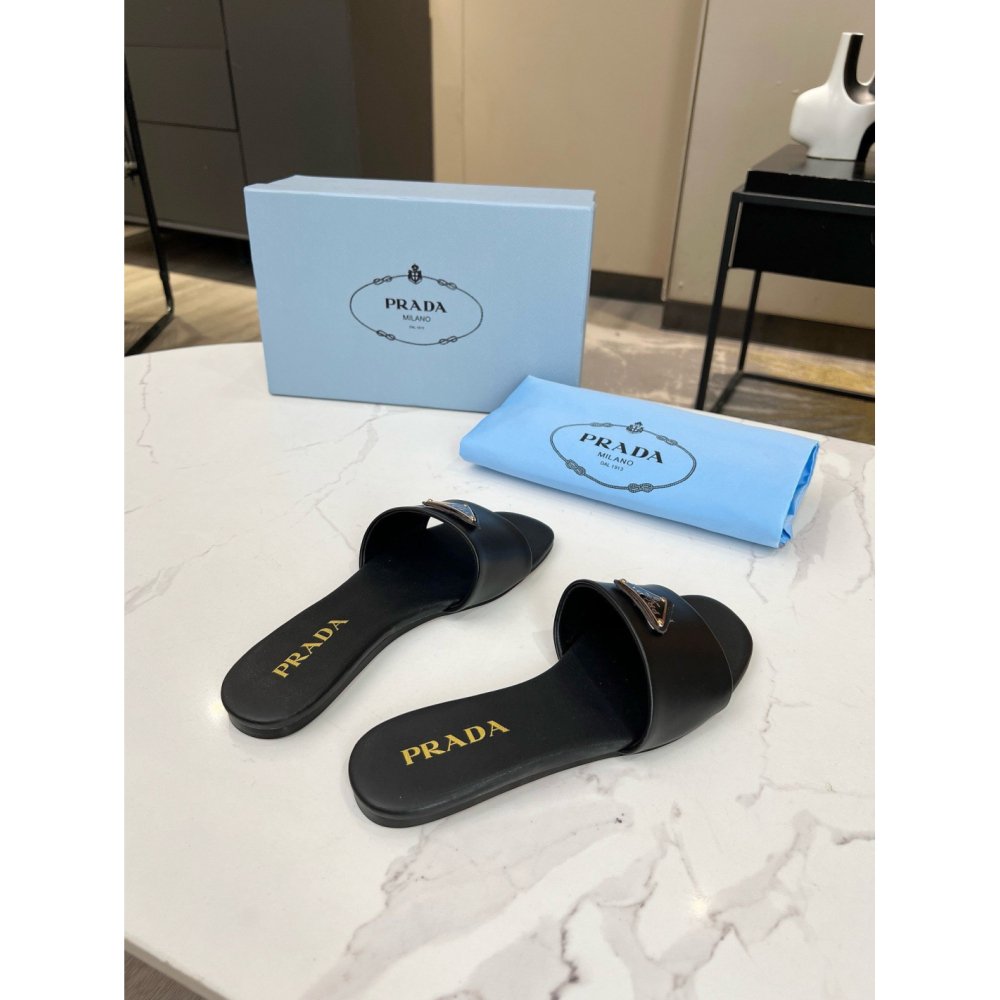Cheap Reps Prada Womens Slides in Black Smooth Leather