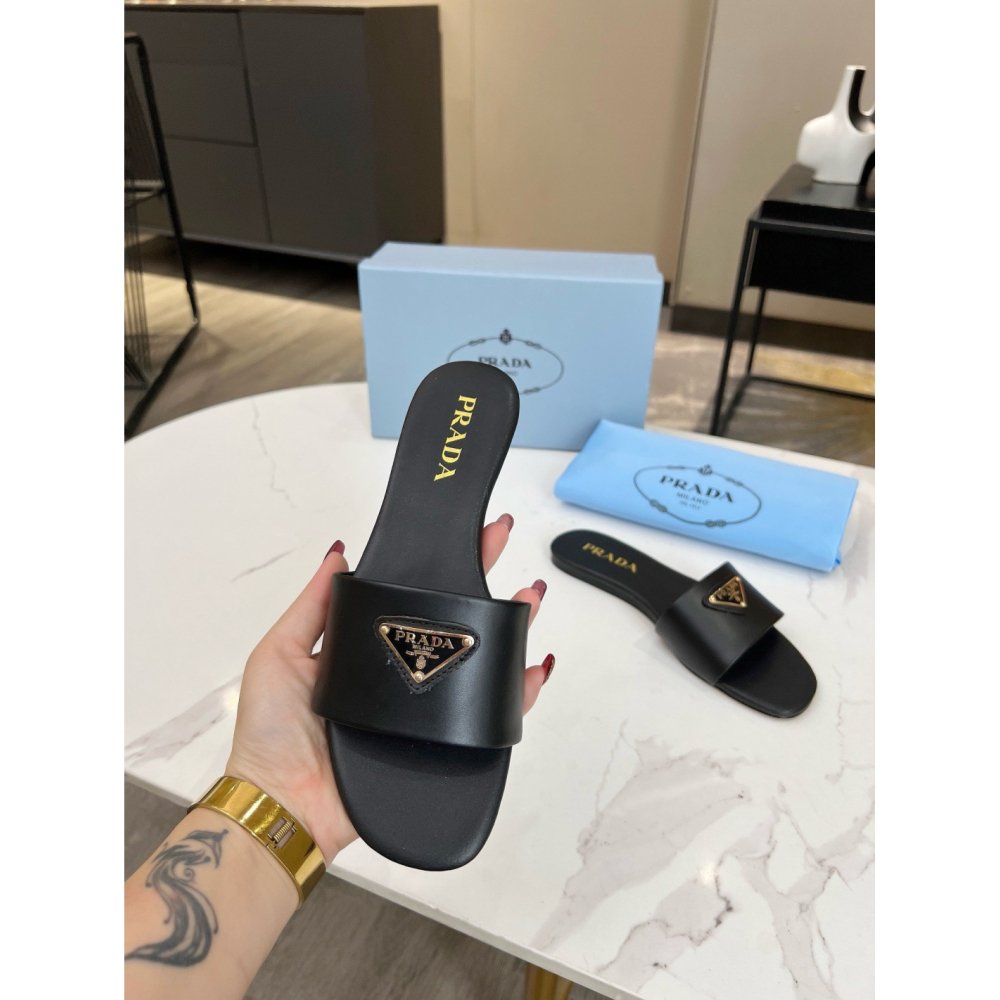 Cheap Reps Prada Womens Slides in Black Smooth Leather