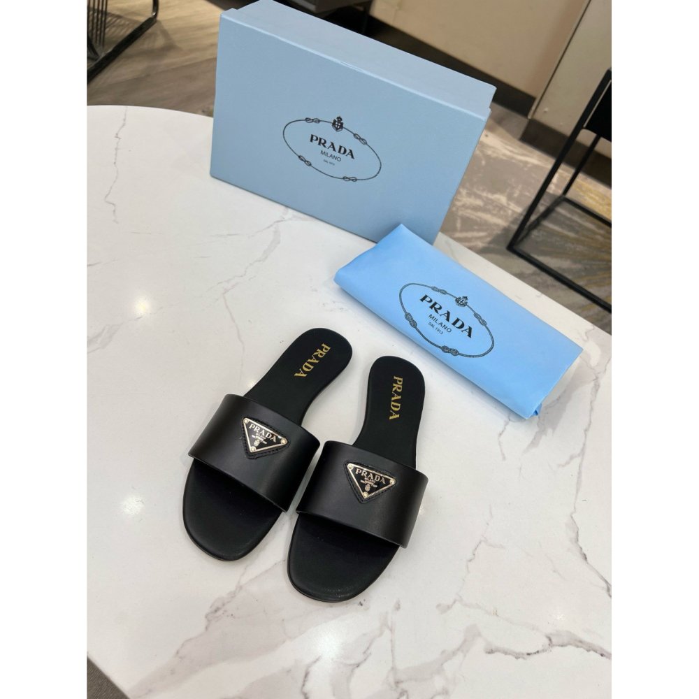 Cheap Reps Prada Womens Slides in Black Smooth Leather