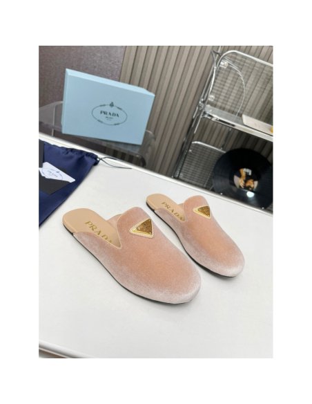 Cheap Reps Prada Womens Slippers in Nude Velvet