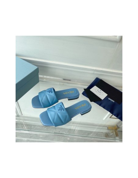 Cheap Reps Prada Womens Slides Sandals In Light Blue Nappa Leather