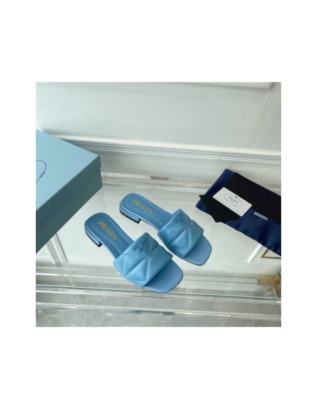 Cheap Reps Prada Womens Slides Sandals In Light Blue Nappa Leather