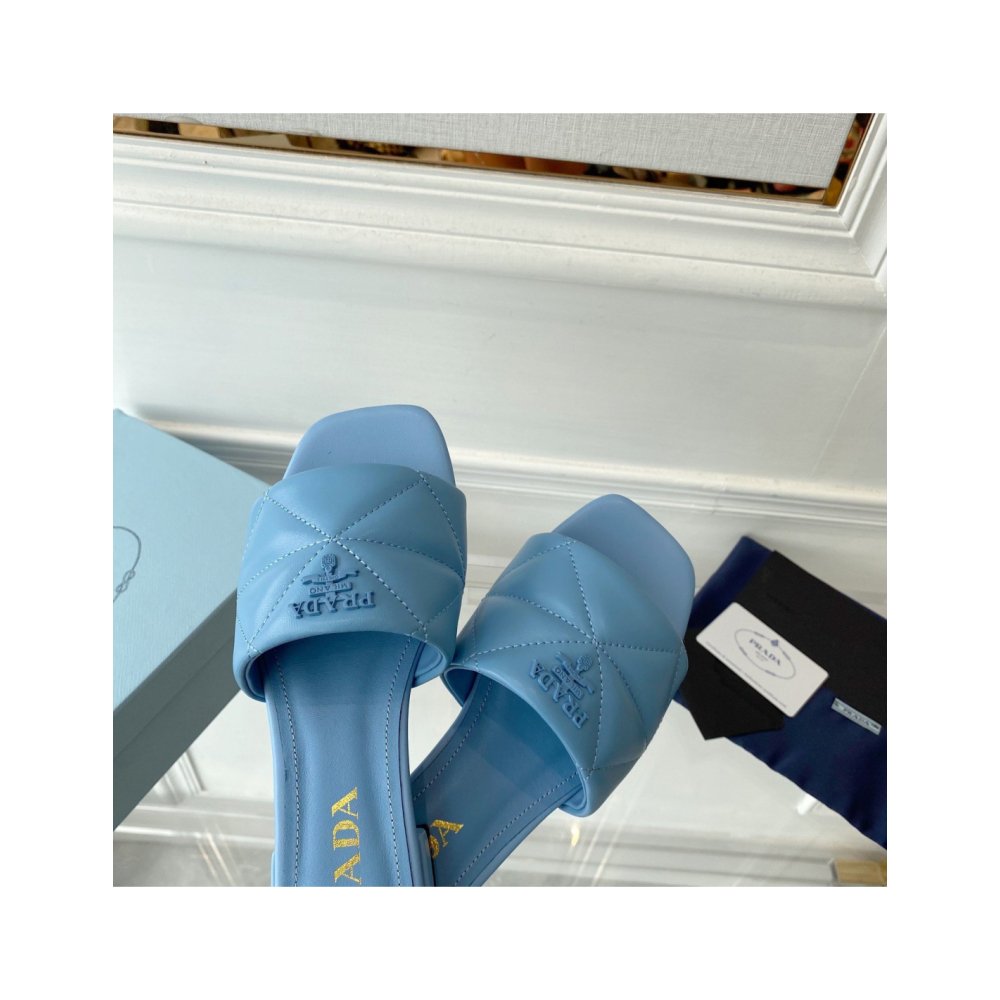 Cheap Reps Prada Womens Slides Sandals In Light Blue Nappa Leather