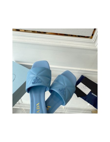 Cheap Reps Prada Womens Slides Sandals In Light Blue Nappa Leather