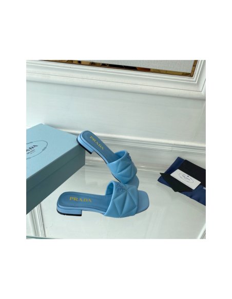 Cheap Reps Prada Womens Slides Sandals In Light Blue Nappa Leather