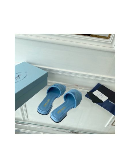 Cheap Reps Prada Womens Slides Sandals In Light Blue Nappa Leather