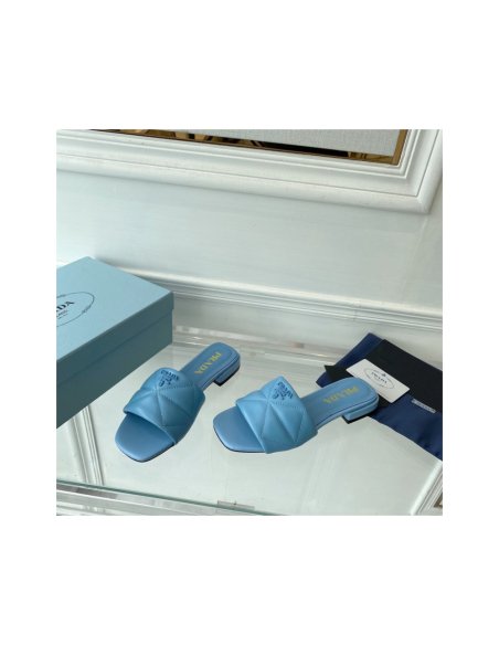 Cheap Reps Prada Womens Slides Sandals In Light Blue Nappa Leather