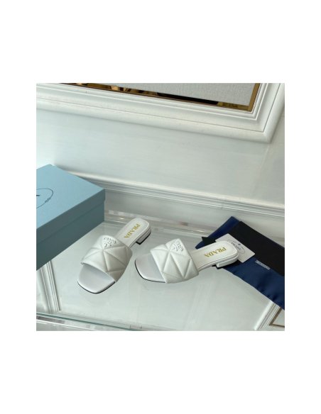 Cheap Reps Prada Womens Slides Sandals In White Nappa Leather