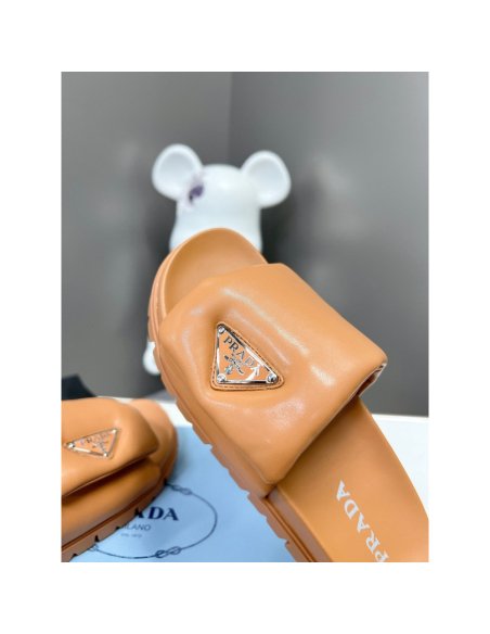 Cheap Reps Prada Slides In Brown Soft Padded Nappa Leather