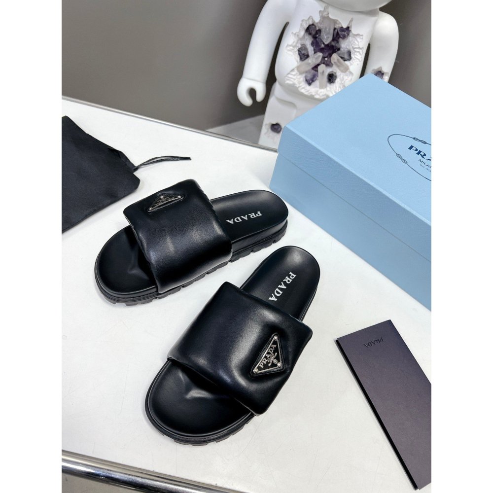 Cheap Reps Prada Slides In Black Soft Padded Nappa Leather