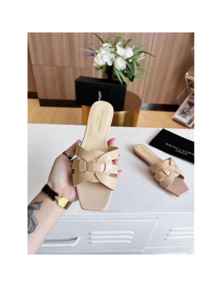Cheap Reps Saint Laurent Tribute Slides In Beige Calfskin