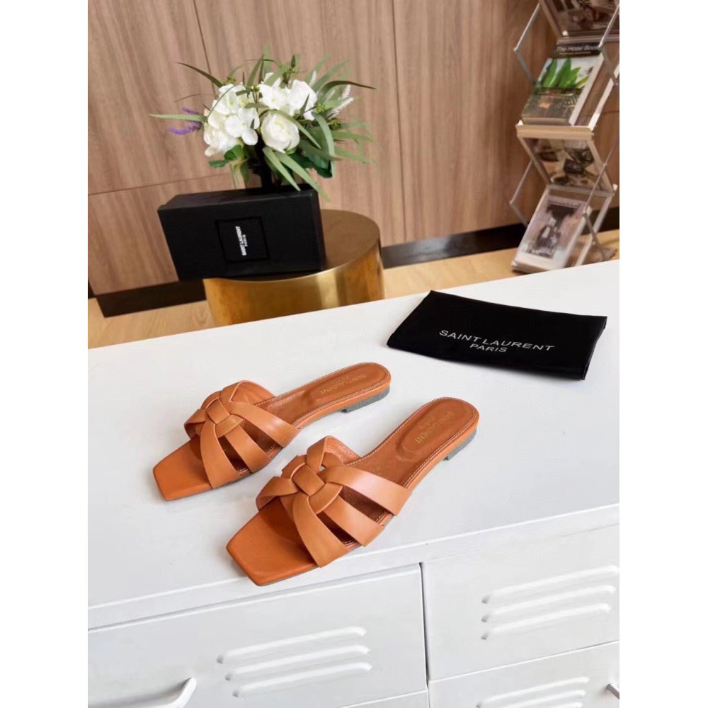 Cheap Reps Saint Laurent Tribute Slides In Tan Calfskin