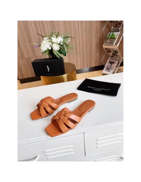 Cheap Reps Saint Laurent Tribute Slides In Tan Calfskin