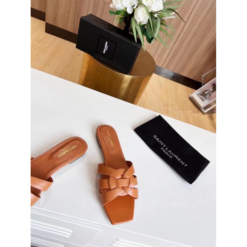 Cheap Reps Saint Laurent Tribute Slides In Tan Calfskin