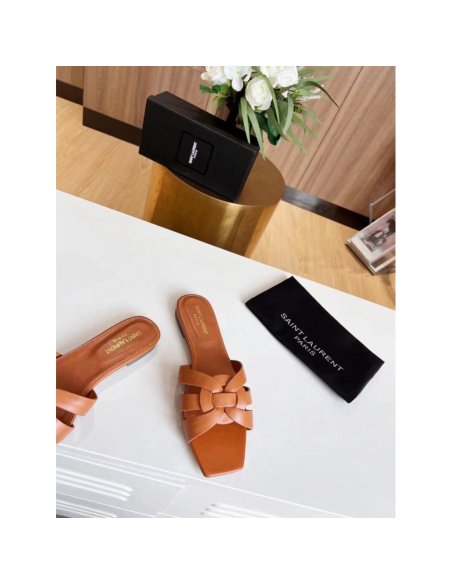 Cheap Reps Saint Laurent Tribute Slides In Tan Calfskin