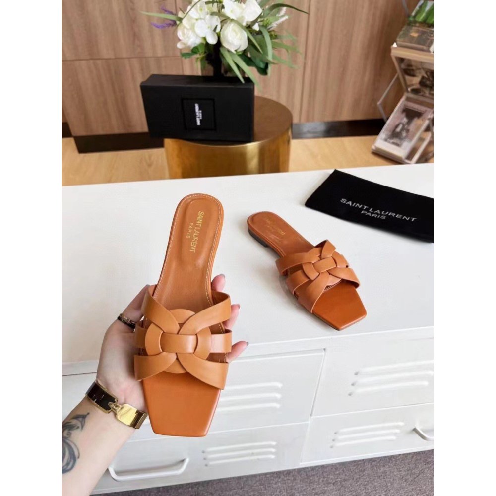 Cheap Reps Saint Laurent Tribute Slides In Tan Calfskin