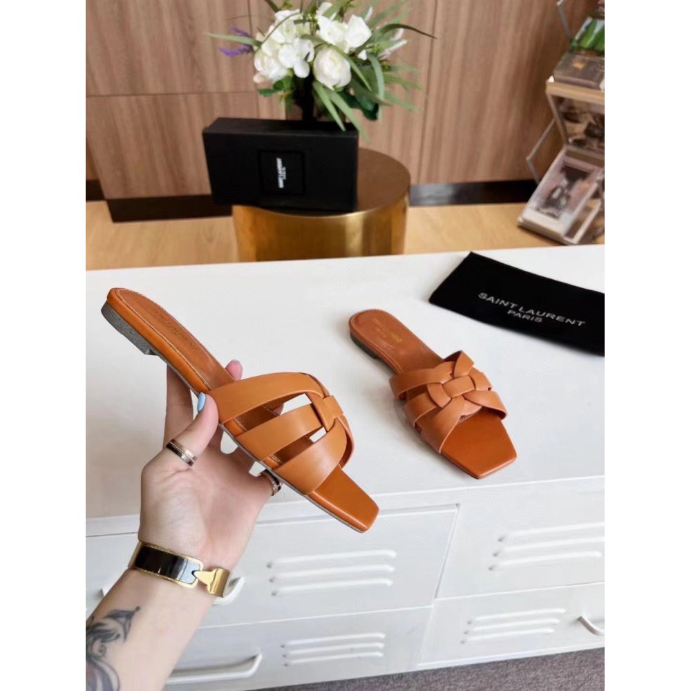 Cheap Reps Saint Laurent Tribute Slides In Tan Calfskin