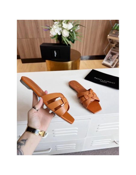 Cheap Reps Saint Laurent Tribute Slides In Tan Calfskin