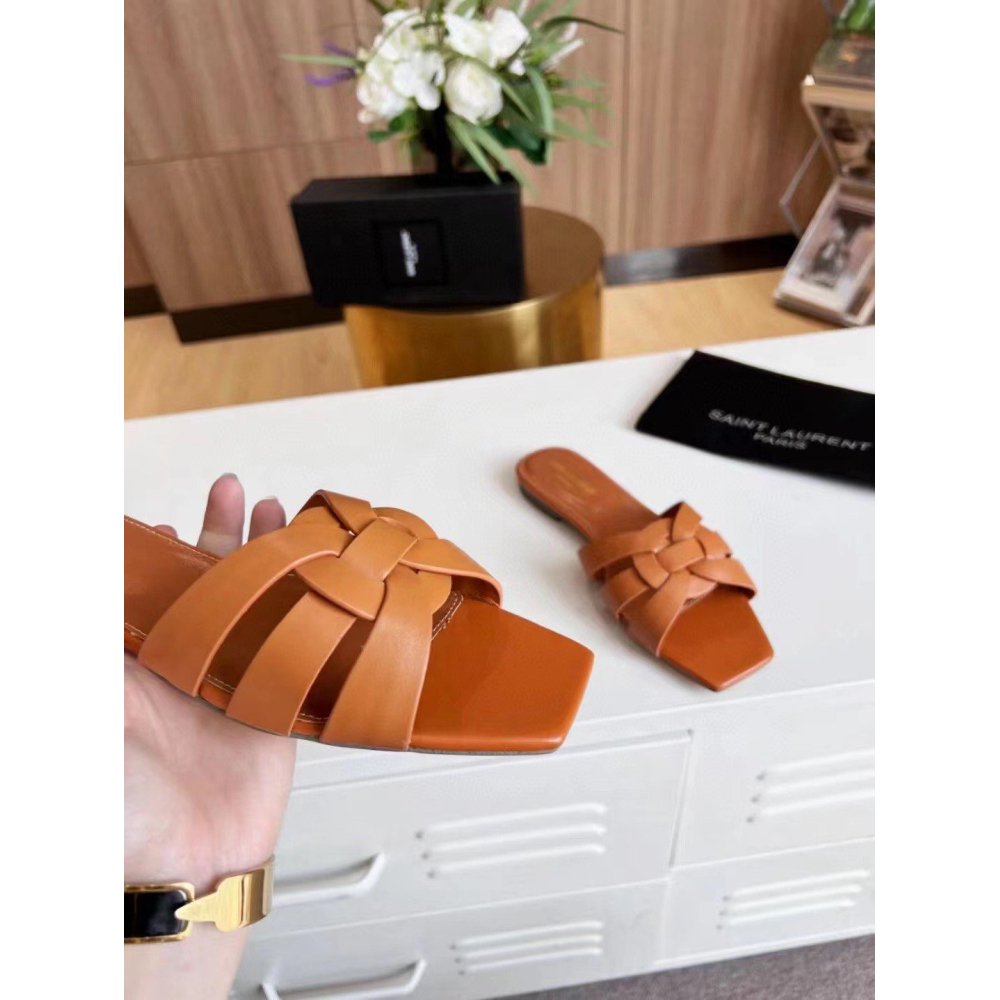 Cheap Reps Saint Laurent Tribute Slides In Tan Calfskin
