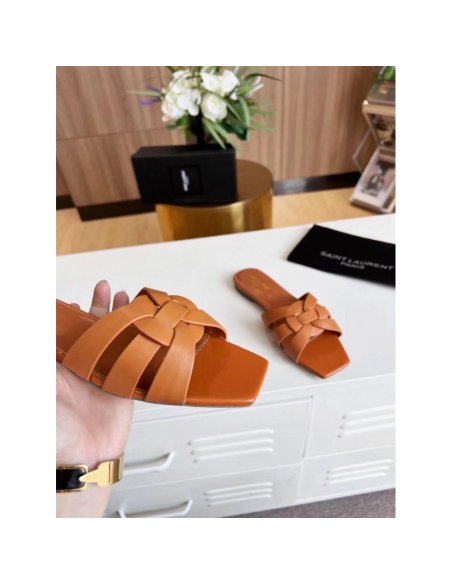 Cheap Reps Saint Laurent Tribute Slides In Tan Calfskin
