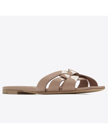 Cheap Reps Saint Laurent Tribute Slides In Dark Beige Patent Leather