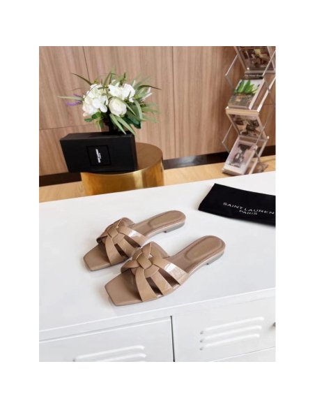 Cheap Reps Saint Laurent Tribute Slides In Dark Beige Patent Leather