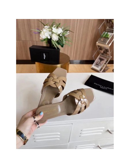 Cheap Reps Saint Laurent Tribute Slides In Dark Beige Patent Leather