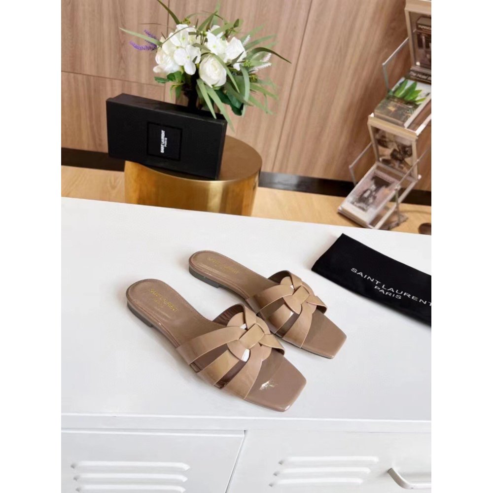 Cheap Reps Saint Laurent Tribute Slides In Dark Beige Patent Leather