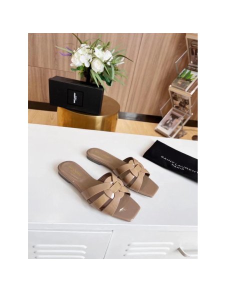 Cheap Reps Saint Laurent Tribute Slides In Dark Beige Patent Leather