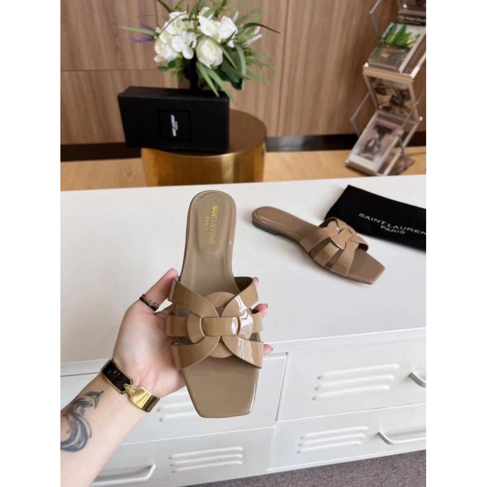 Cheap Reps Saint Laurent Tribute Slides In Dark Beige Patent Leather