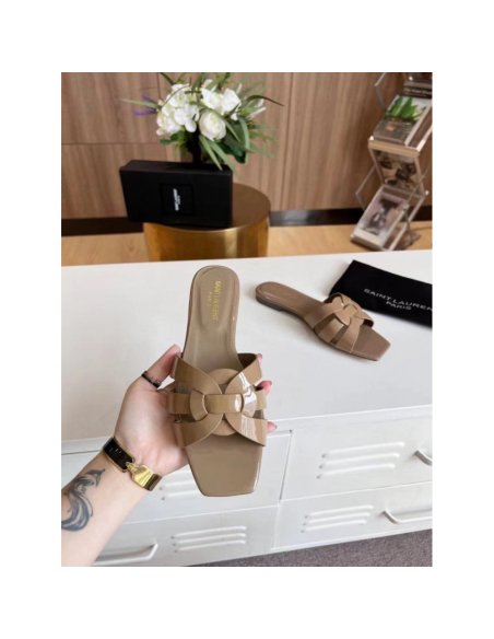 Cheap Reps Saint Laurent Tribute Slides In Dark Beige Patent Leather