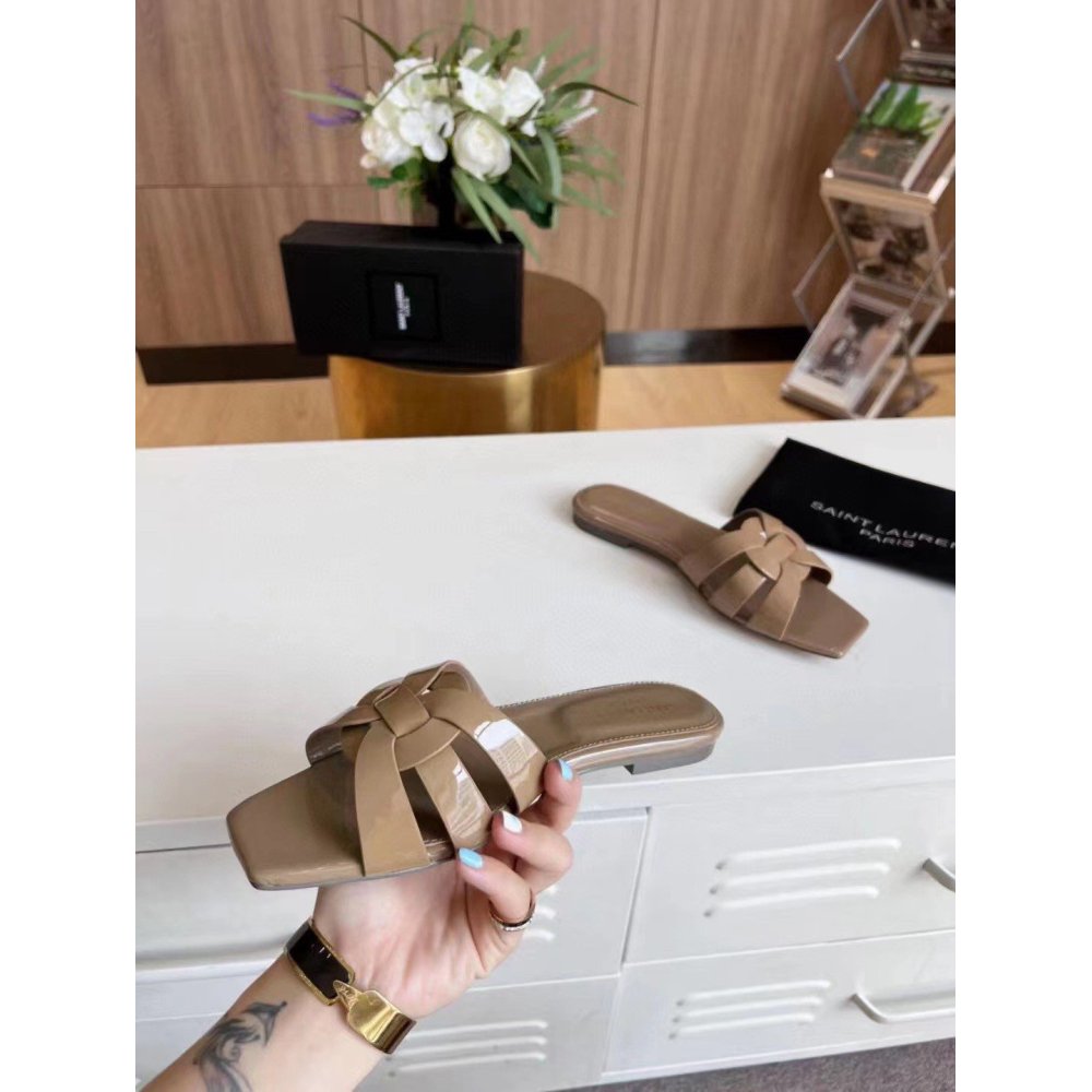 Cheap Reps Saint Laurent Tribute Slides In Dark Beige Patent Leather