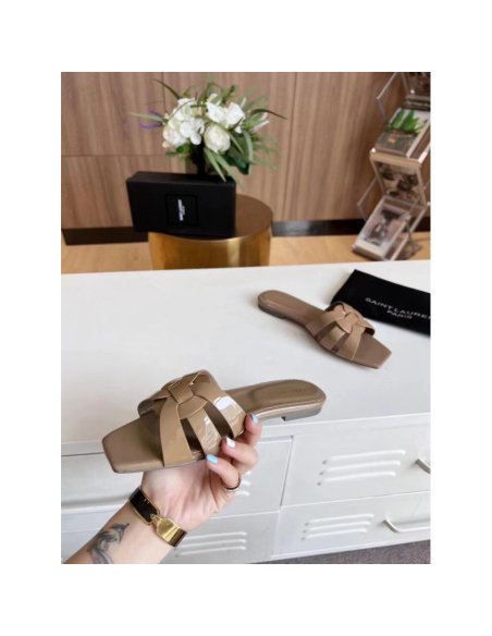 Cheap Reps Saint Laurent Tribute Slides In Dark Beige Patent Leather