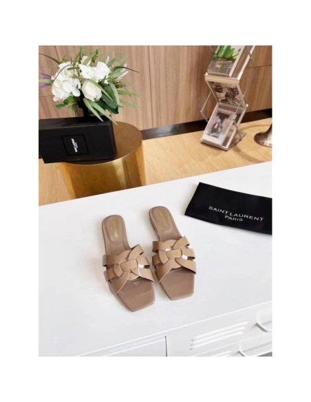 Cheap Reps Saint Laurent Tribute Slides In Dark Beige Patent Leather