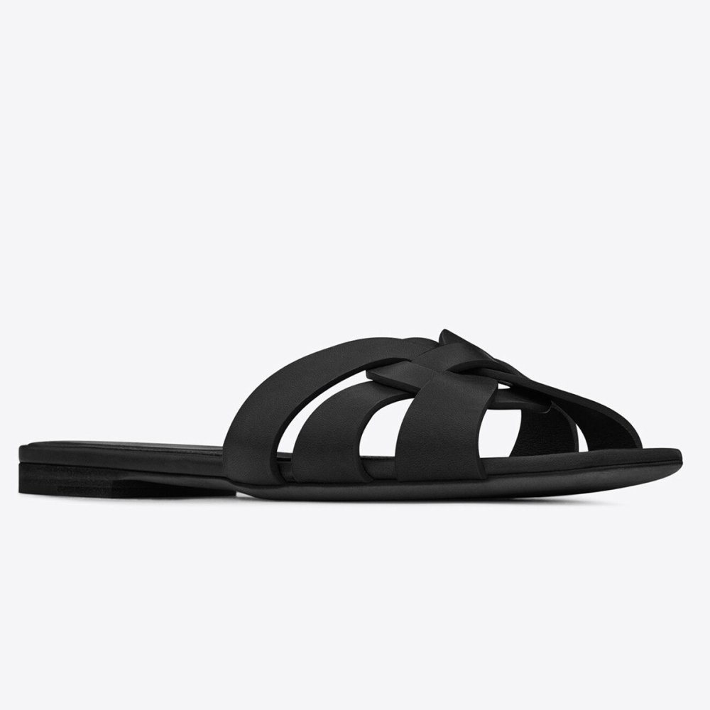 Cheap Reps Saint Laurent Tribute Slides In Black Calfskin
