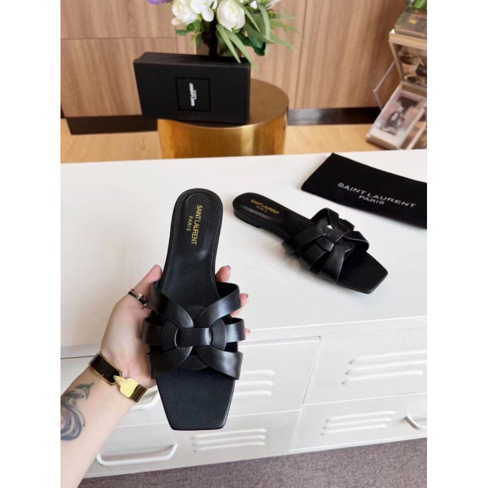 Cheap Reps Saint Laurent Tribute Slides In Black Calfskin
