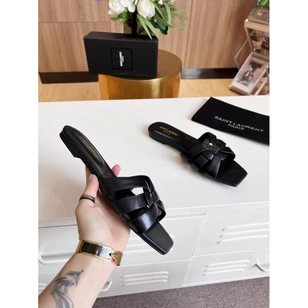 Cheap Reps Saint Laurent Tribute Slides In Black Calfskin