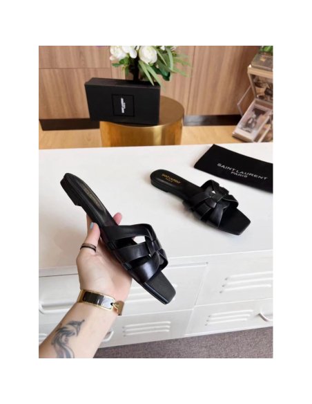 Cheap Reps Saint Laurent Tribute Slides In Black Calfskin