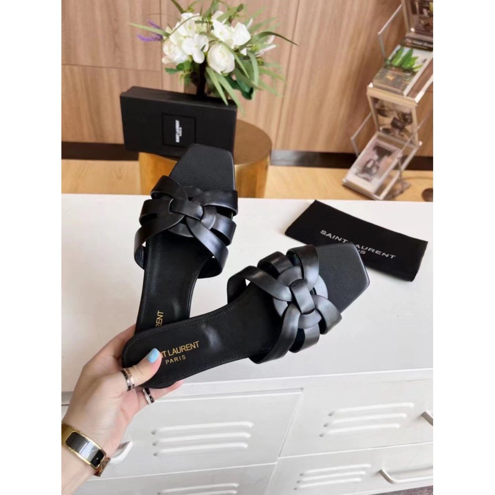 Cheap Reps Saint Laurent Tribute Slides In Black Calfskin